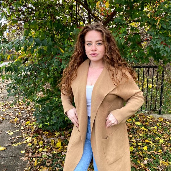 Sweater Cardigan Long Duster, Below the Knees with Pockets, Camel Tan Color - Picture 3 of 11